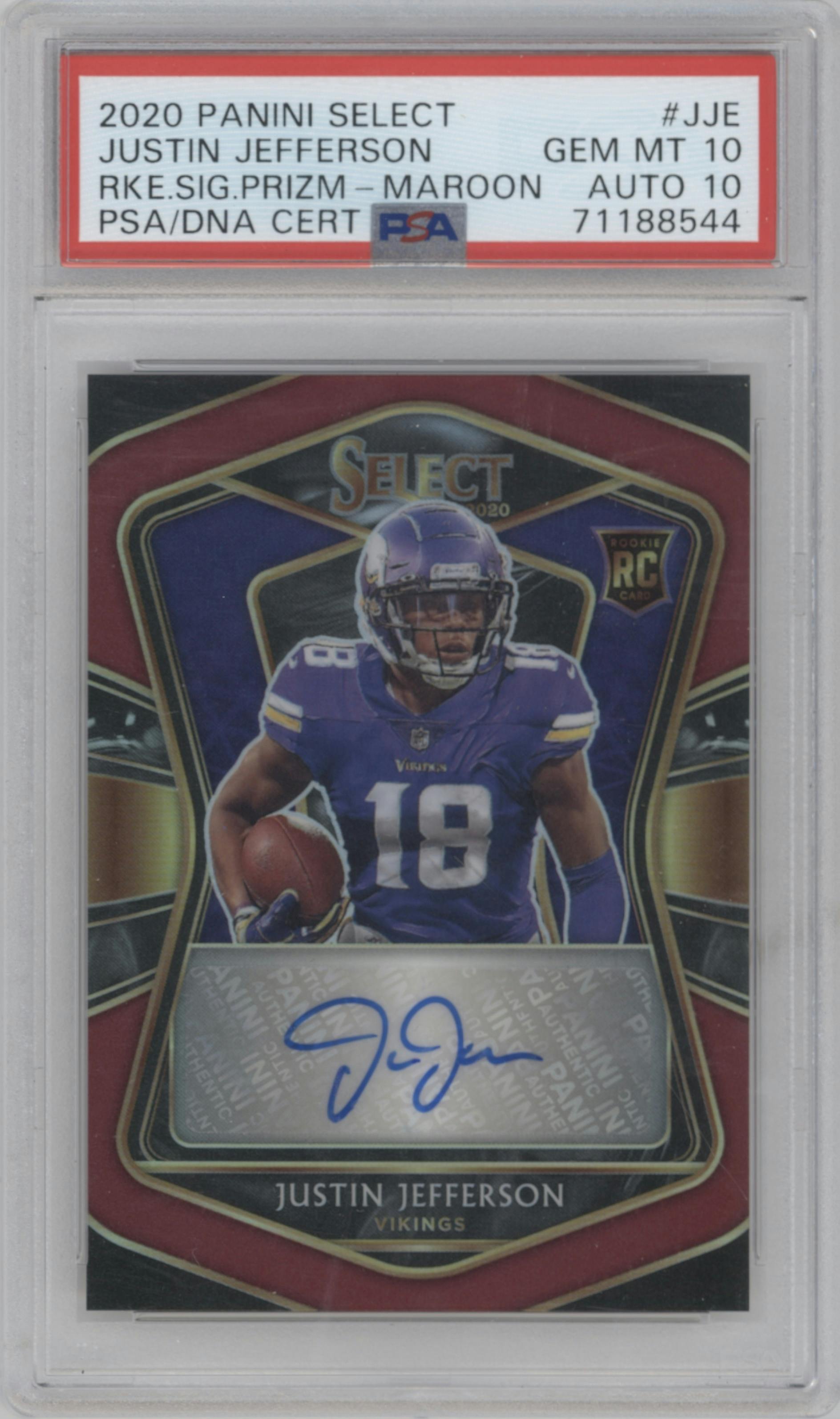 Justin Jefferson from the 2020 Panini Select set featuring a Maroon Prizm parallel graded by PSA and given an overall grade of 10.