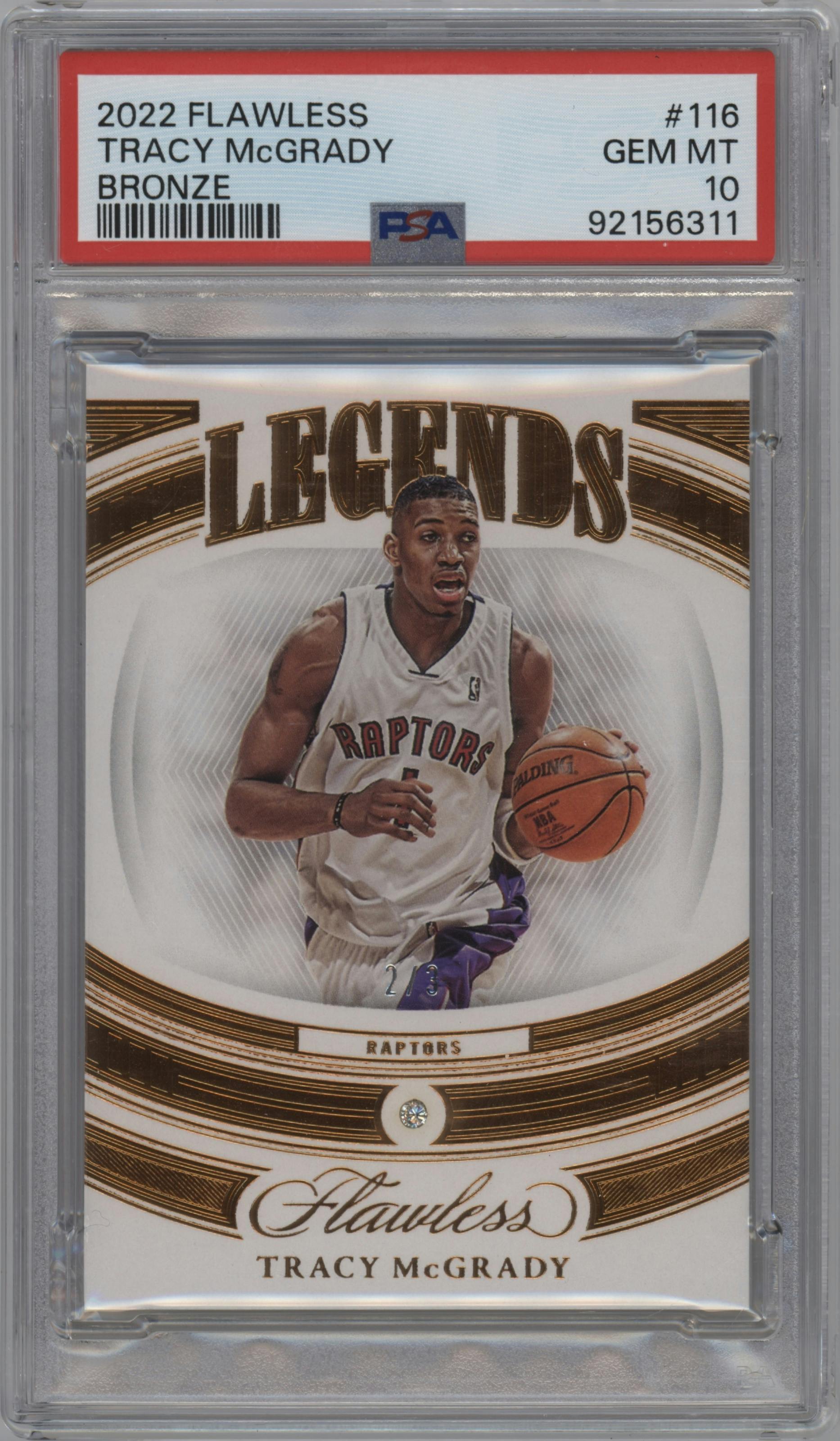 Tracy McGrady from the 2022-23 Panini Flawless set featuring a Bronze parallel graded by PSA and given an overall grade of 10.