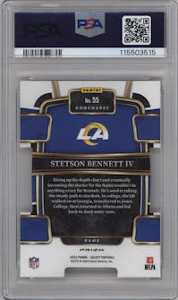 Stetson Bennett IV  from the 2023 Panini Select set featuring a Die-Cut Zebra Prizm parallel graded by PSA and given an overall grade of 10.