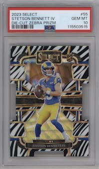 Stetson Bennett IV  from the 2023 Panini Select set featuring a Die-Cut Zebra Prizm parallel graded by PSA and given an overall grade of 10.