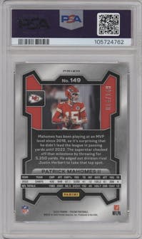 Patrick Mahomes II from the 2023 Panini Prizm set featuring a Red Wave parallel graded by PSA and given an overall grade of 10.
