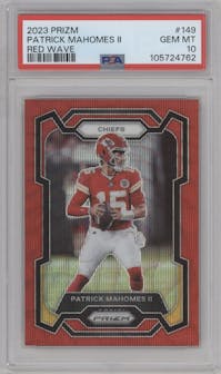 Patrick Mahomes II from the 2023 Panini Prizm set featuring a Red Wave parallel graded by PSA and given an overall grade of 10.