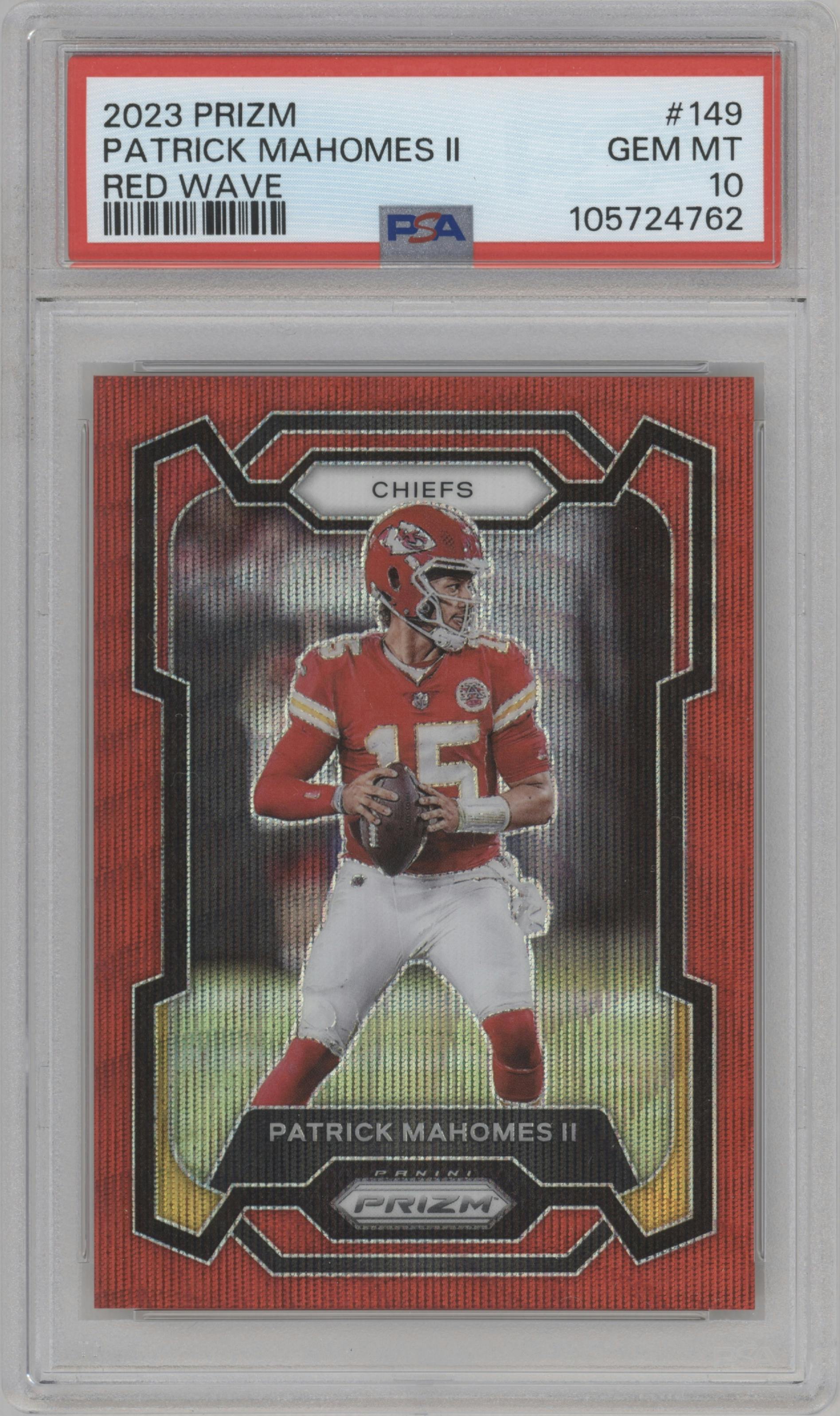 Patrick Mahomes II from the 2023 Panini Prizm set featuring a Red Wave parallel graded by PSA and given an overall grade of 10.