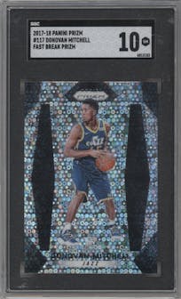 Donovan Mitchell from the 2017-18 Panini Prizm  set featuring a Fast Break  parallel graded by SGC and given an overall grade of 10.