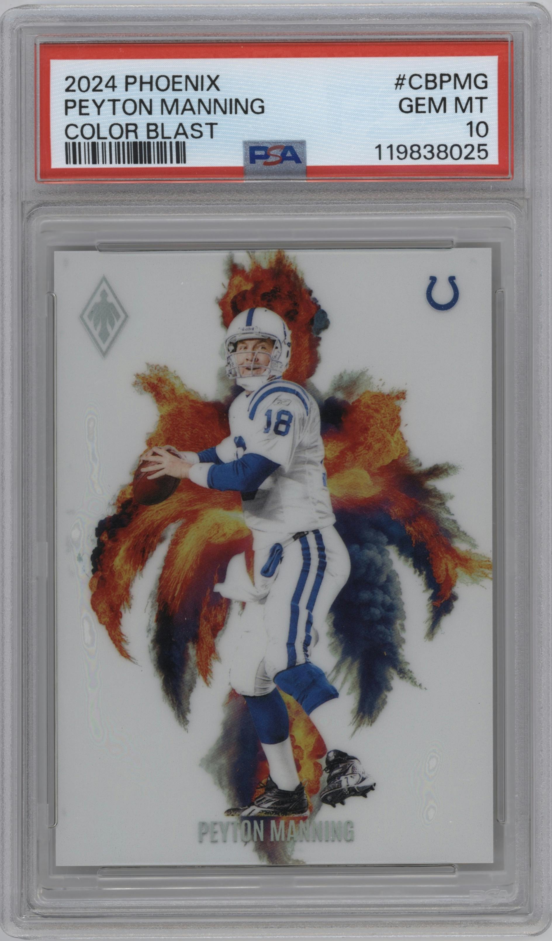 Peyton Manning from the 2024 Panini Phoenix set graded by PSA and given an overall grade of 10.