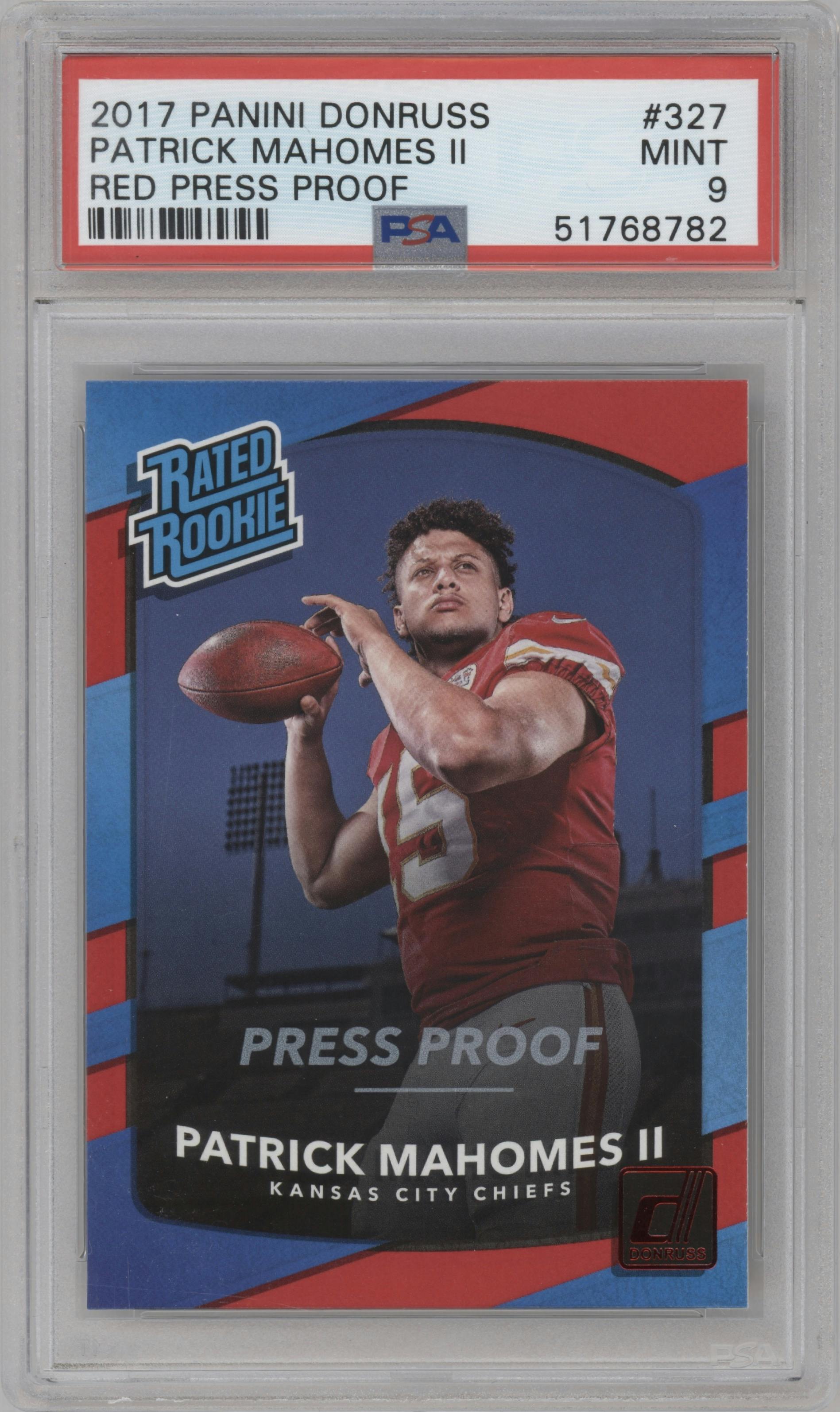 Patrick Mahomes II from the 2017 Panini Donruss set featuring a Press Proof Red parallel graded by PSA and given an overall grade of 9.
