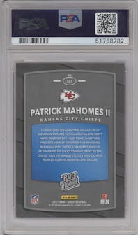 Patrick Mahomes II from the 2017 Panini Donruss set featuring a Press Proof Red parallel graded by PSA and given an overall grade of 9.