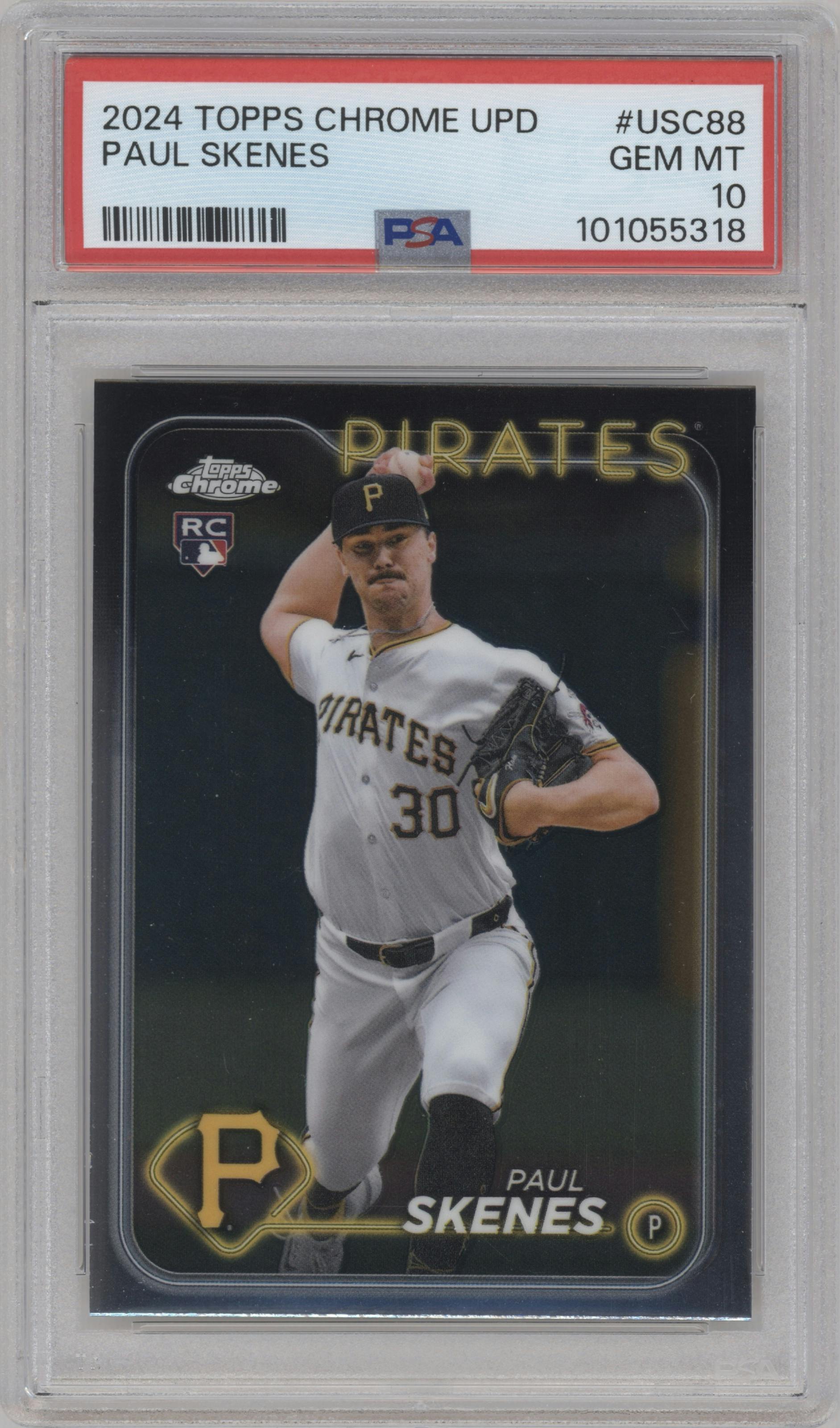 Paul Skenes from the 2024 Topps Chrome Update set graded by PSA and given an overall grade of 10.