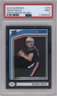 Drake Maye from the 2024 Donruss set featuring a Press Proof Silver parallel graded by PSA and given an overall grade of 9.