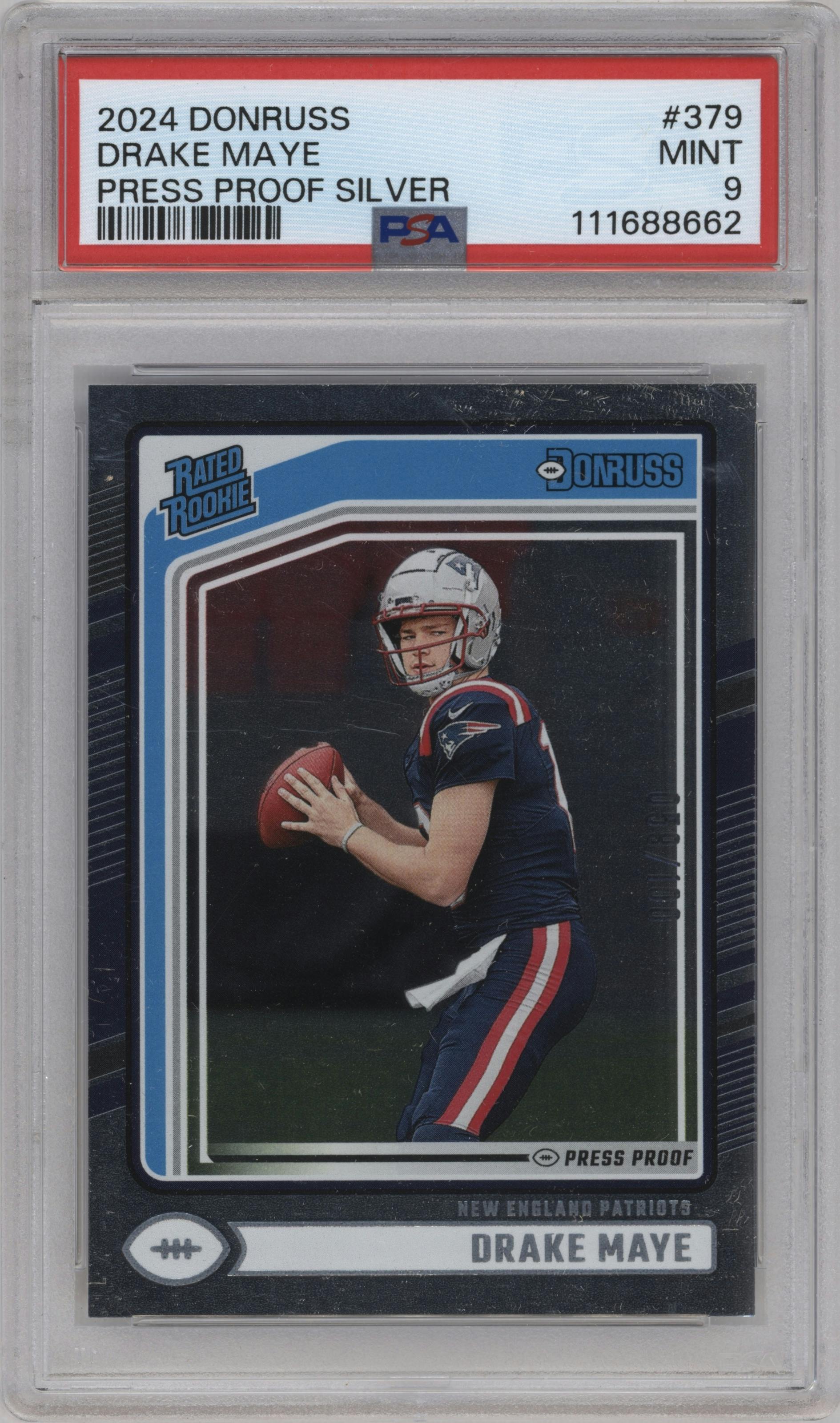 Drake Maye from the 2024 Donruss set featuring a Press Proof Silver parallel graded by PSA and given an overall grade of 9.