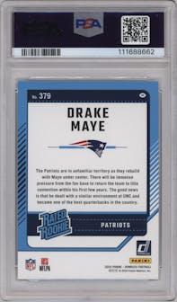 Drake Maye from the 2024 Donruss set featuring a Press Proof Silver parallel graded by PSA and given an overall grade of 9.