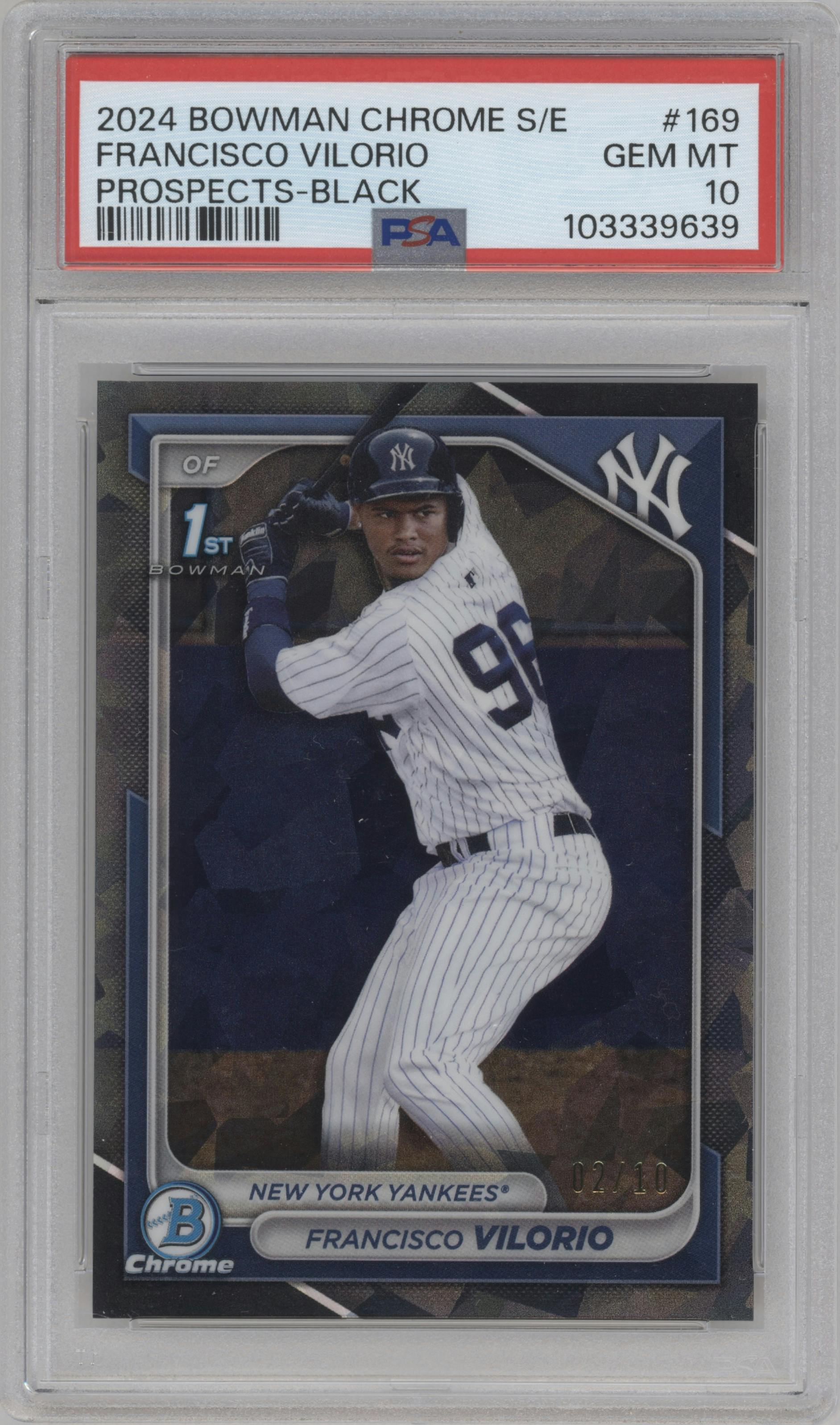 Francisco Vilorio from the 2024 Bowman Chrome Sapphire set featuring a Black parallel graded by PSA and given an overall grade of 10.