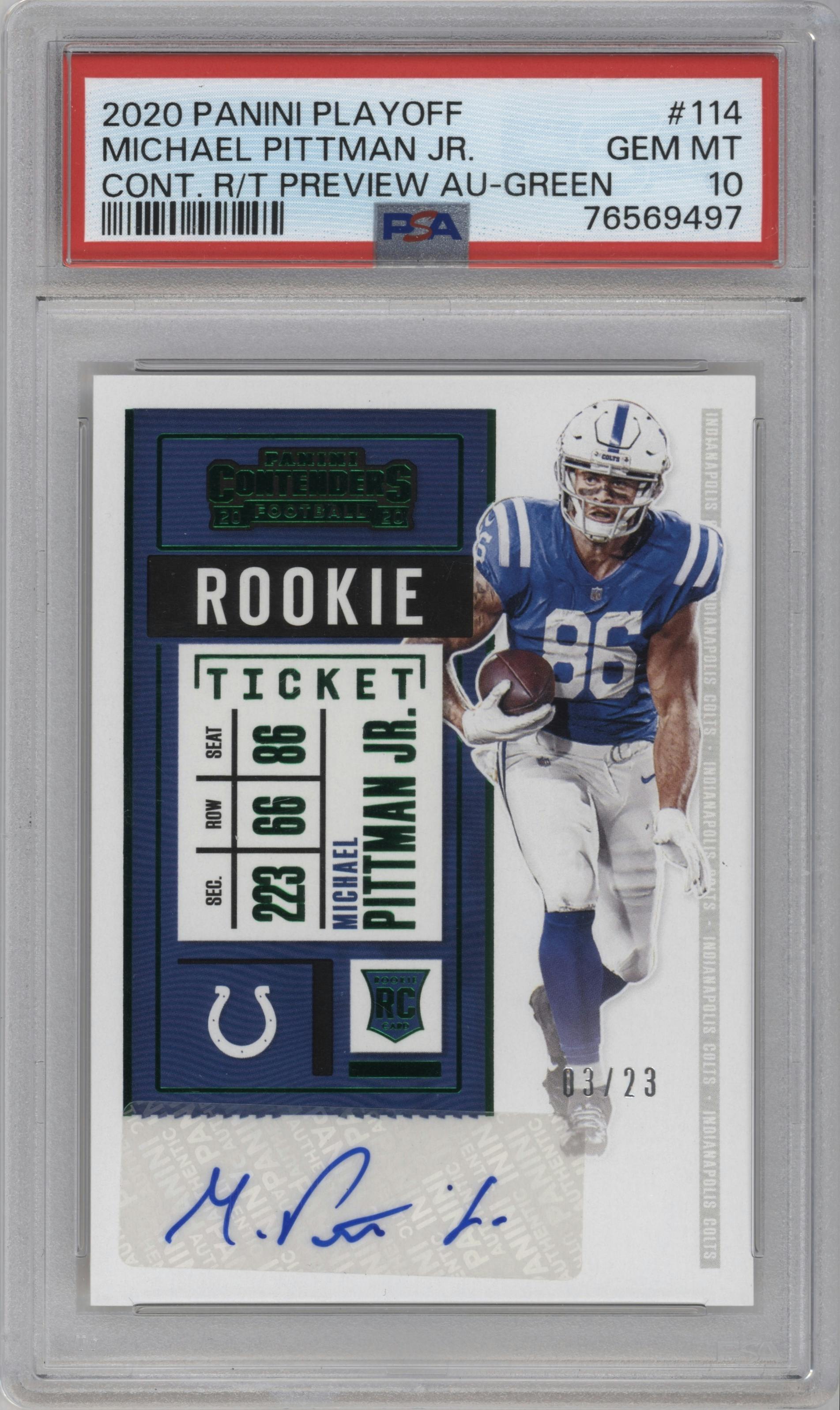 Michael Pittman Jr. from the 2020 Panini Playoff set graded by PSA and given an overall grade of 10.
