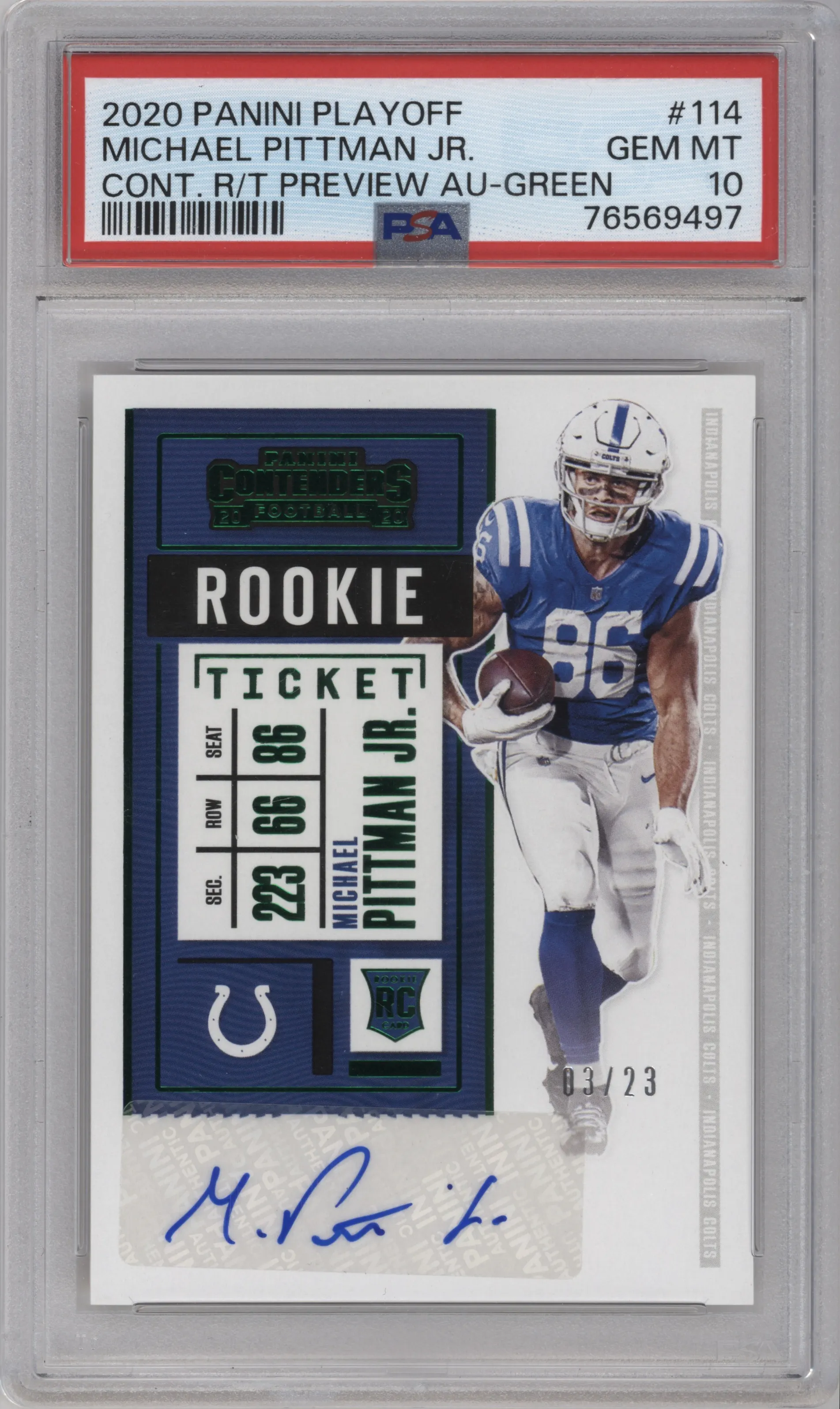 2020 Panini Playoff Rke.Tkt.RPS Preview Green Michael Pittman Jr. #114 PSA 10