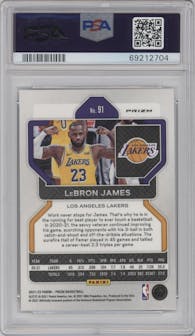 LeBron James from the 2021-22 Panini Prizm  set featuring a Silver Prizm parallel graded by PSA and given an overall grade of 10.
