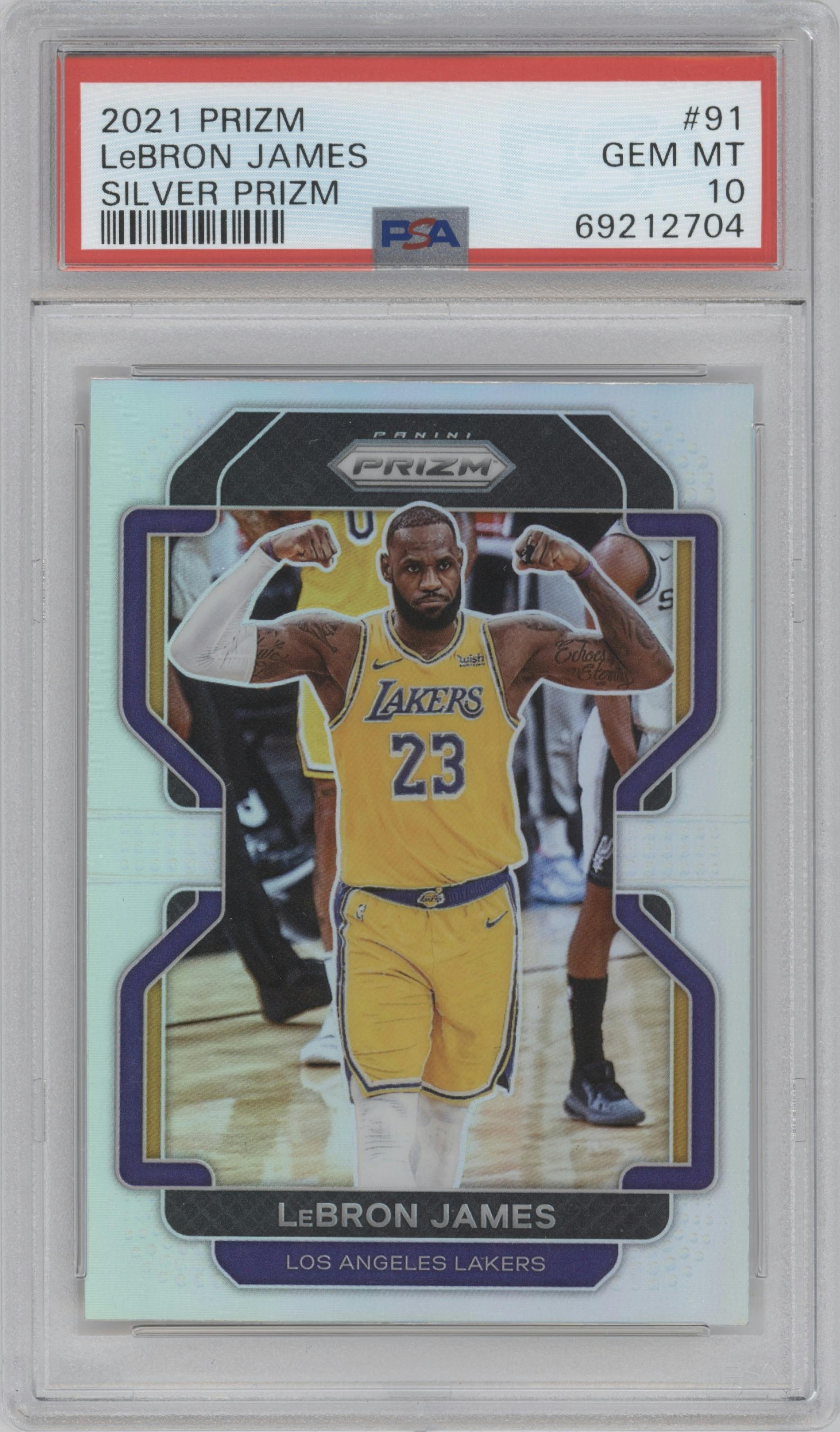 LeBron James from the 2021-22 Panini Prizm  set featuring a Silver Prizm parallel graded by PSA and given an overall grade of 10.