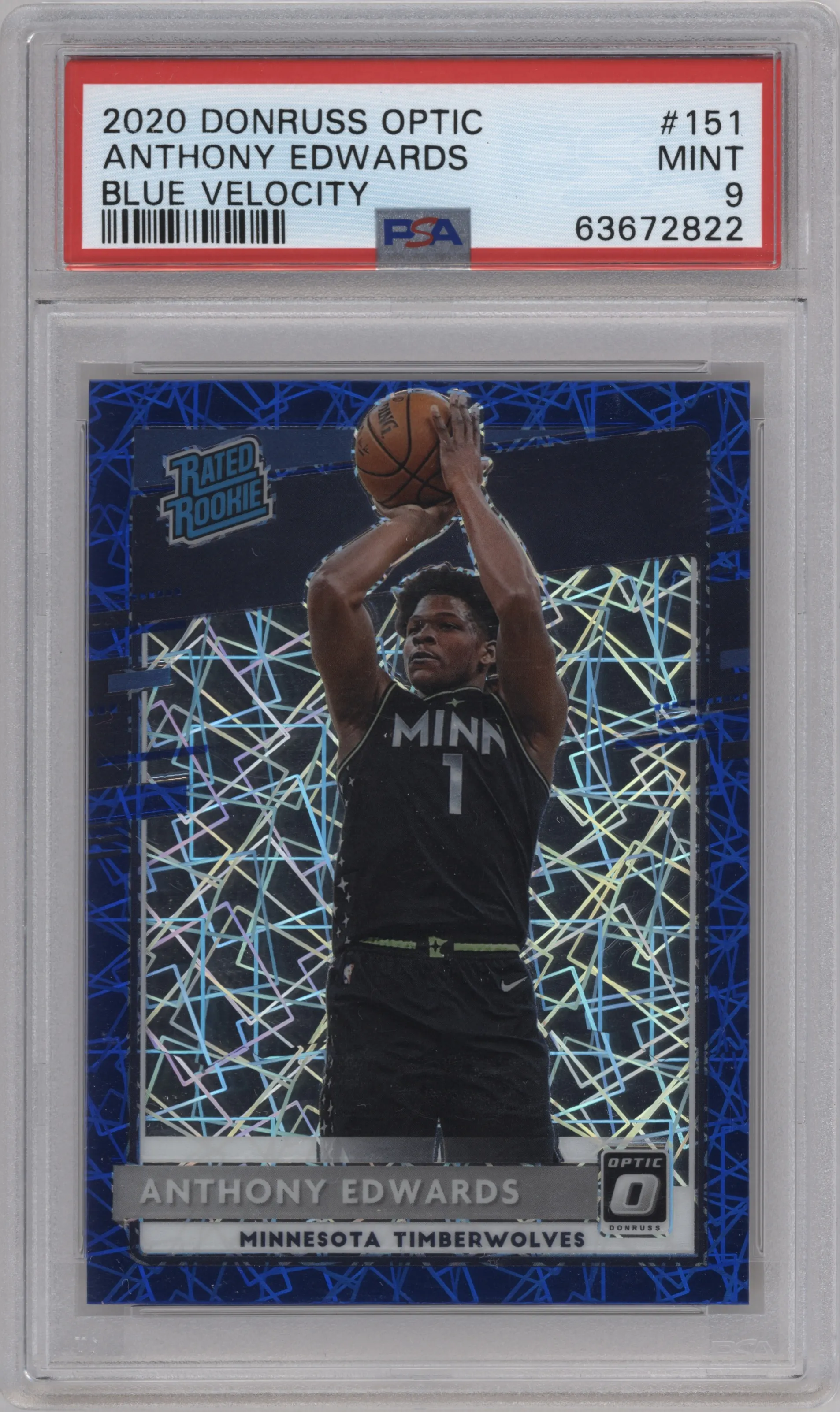 2020 Panini Donruss Optic Rated Rookie Anthony Edwards Blue Velocity PSA 9