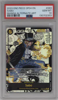 Sabo from the 2023 One Piece set featuring a Manga parallel graded by PSA and given an overall grade of 10.