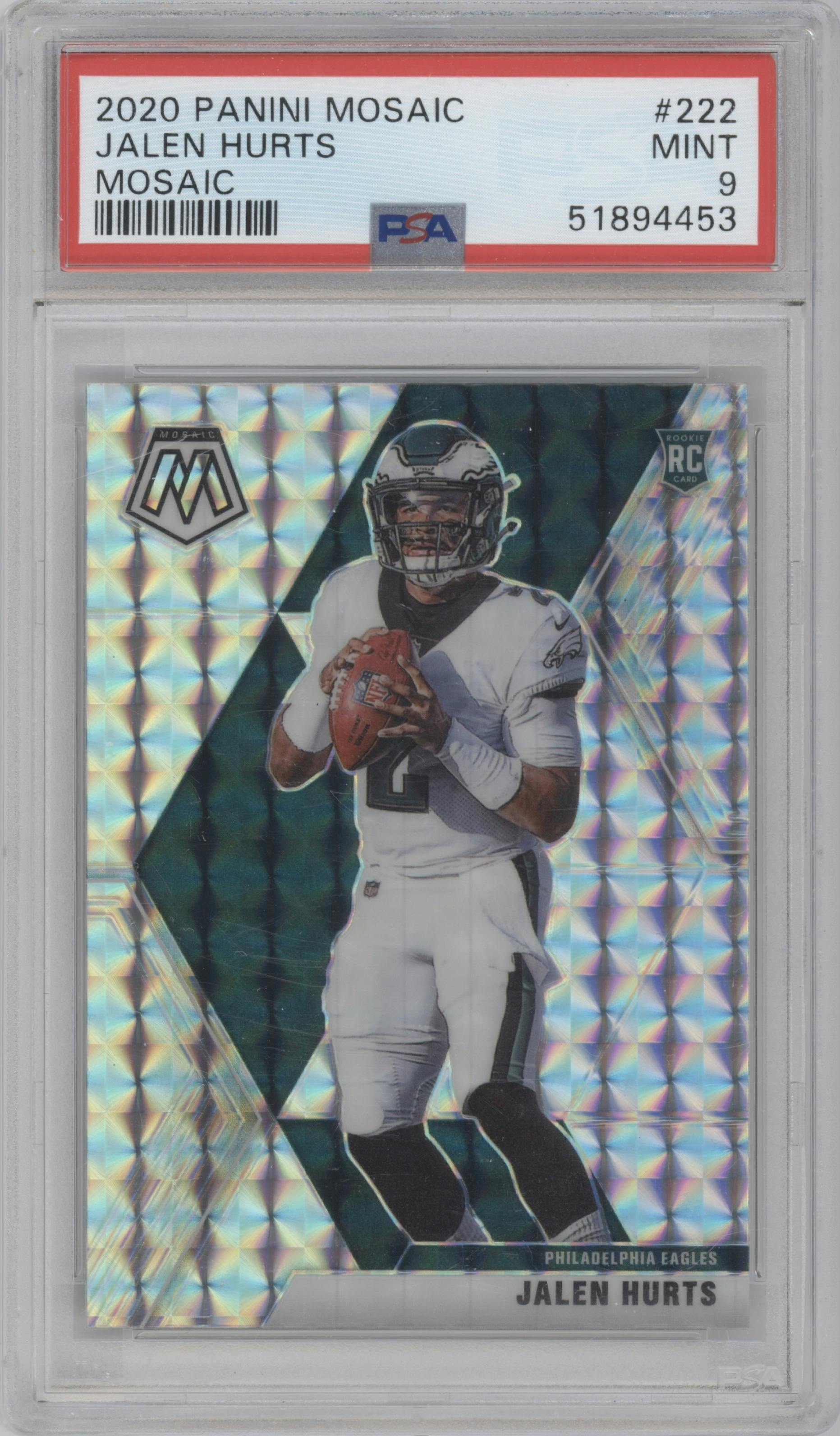 Jalen Hurts from the 2020 Panini Mosaic set featuring a Mosaic parallel graded by PSA and given an overall grade of 9.