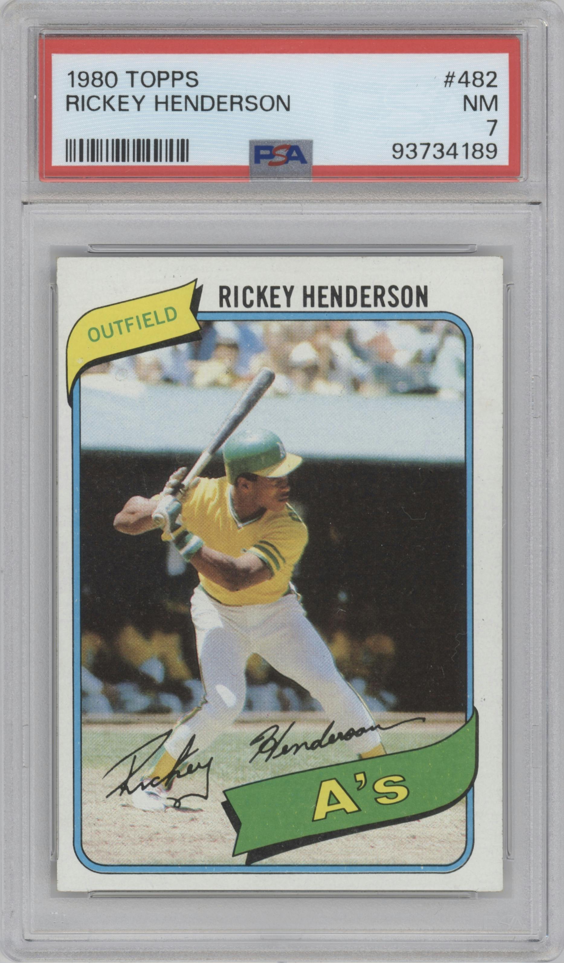 Rickey Henderson from the 1980 Topps set graded by PSA and given an overall grade of 7.
