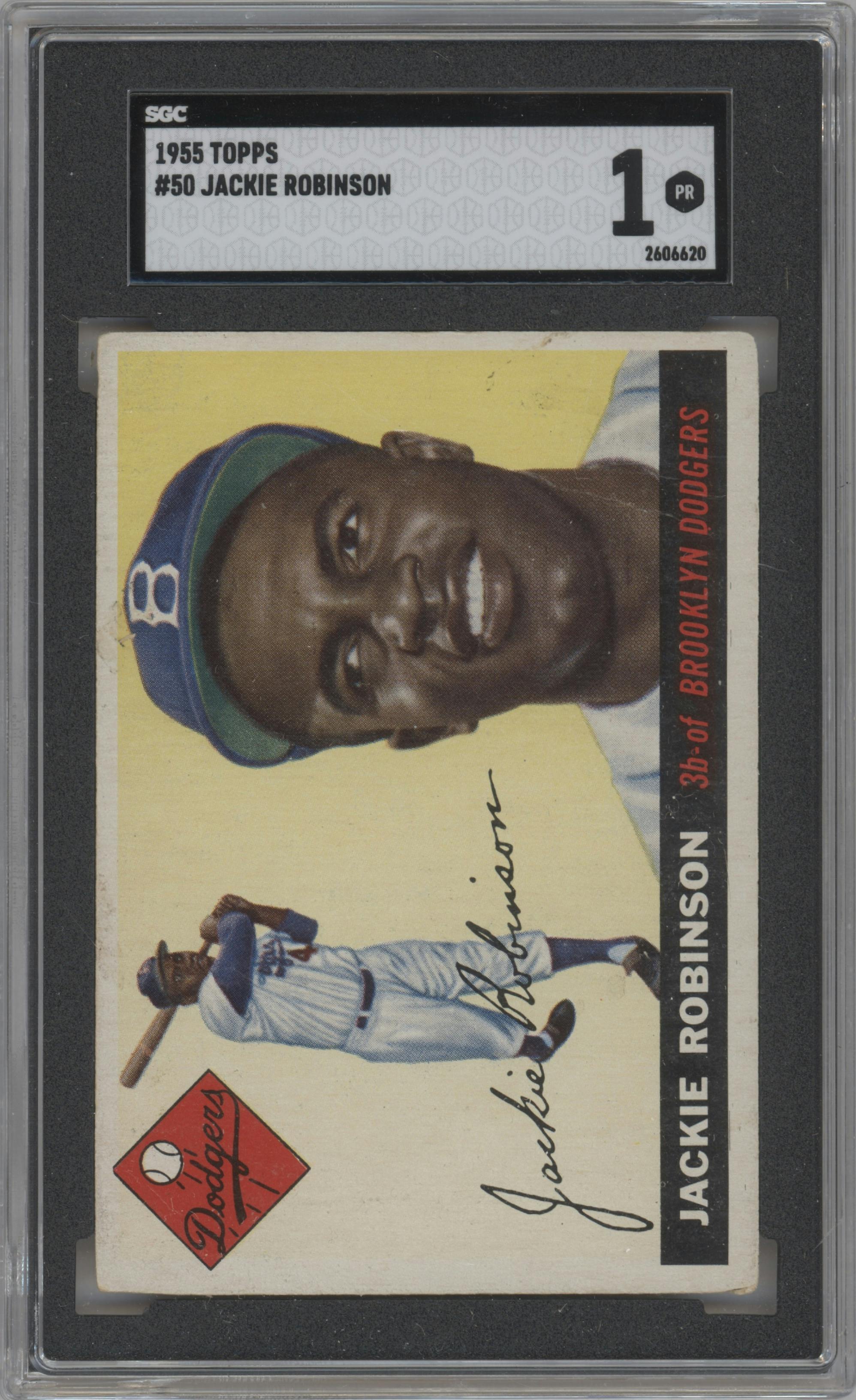 Jackie Robinson from the 1955 Topps set graded by SGC and given an overall grade of 1.