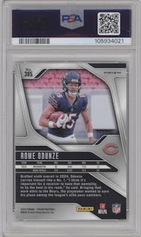 Rome Odunze from the 2024 Panini Prizm set featuring a Green Prizm parallel graded by PSA and given an overall grade of 10.