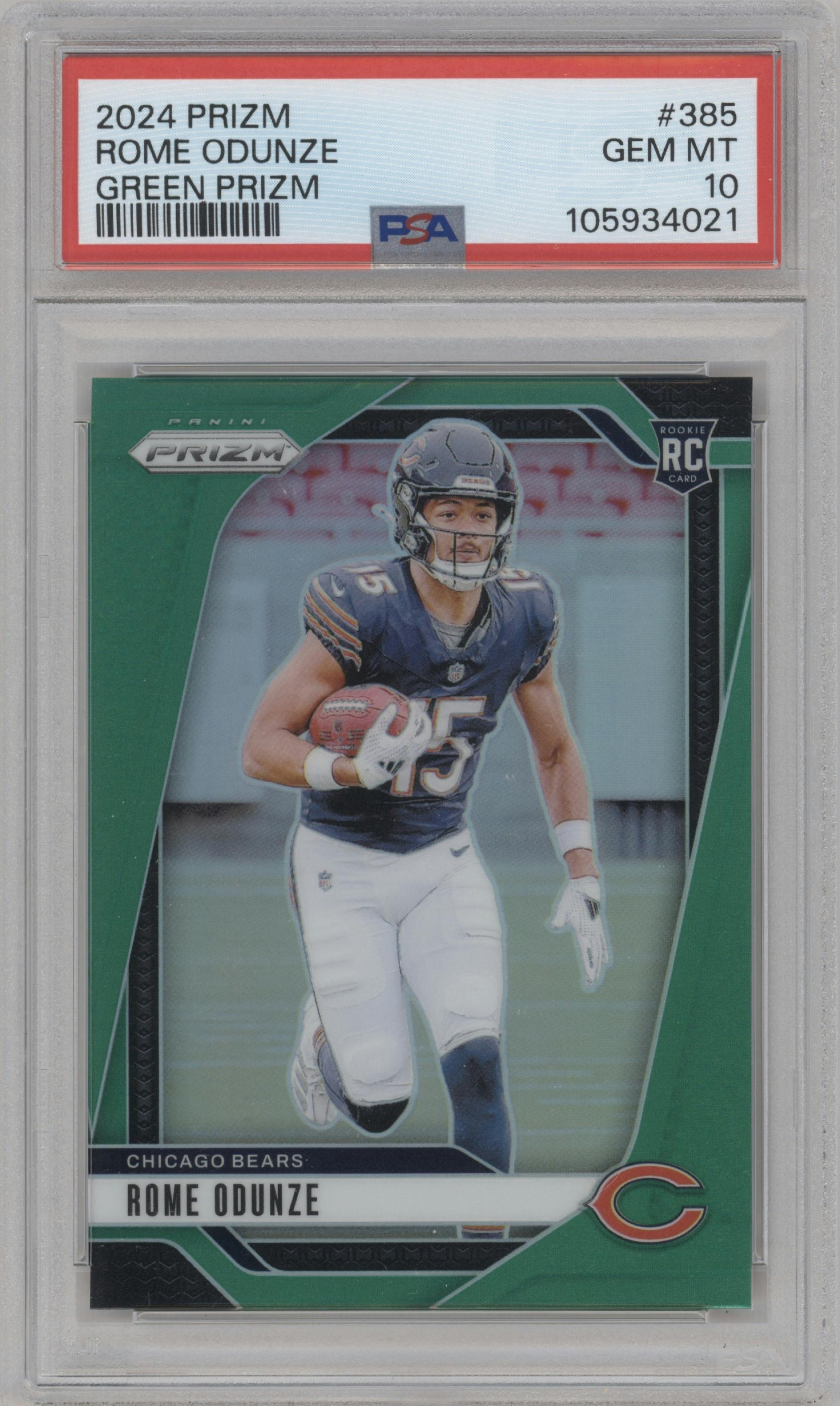 Rome Odunze from the 2024 Panini Prizm set featuring a Green Prizm parallel graded by PSA and given an overall grade of 10.