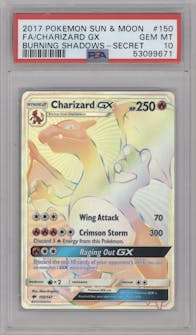 Charizard GX from the 2017 Pokemon S&M set graded by PSA and given an overall grade of 10.