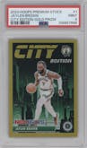 Jaylen Brown from the 2023-24 Panini Hoops Premium Stock set featuring a Gold Prizm parallel graded by PSA and given an overall grade of 9.