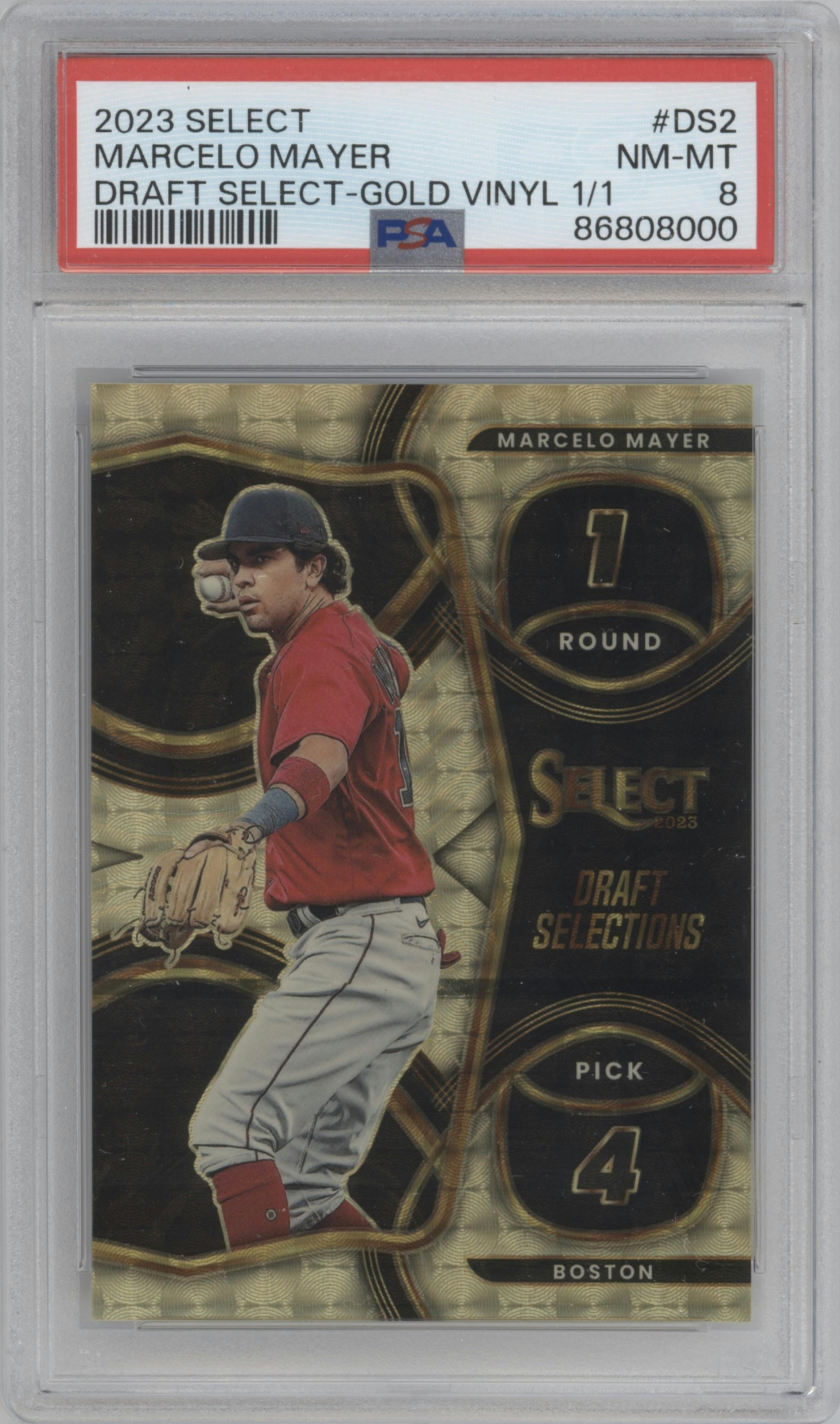 Marcelo Mayer from the 2023 Panini Select set featuring a Gold Vinyl parallel graded by PSA and given an overall grade of 8.
