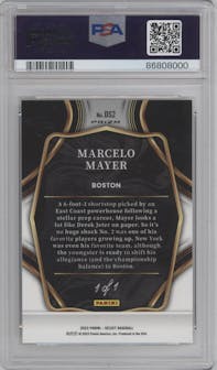 Marcelo Mayer from the 2023 Panini Select set featuring a Gold Vinyl parallel graded by PSA and given an overall grade of 8.