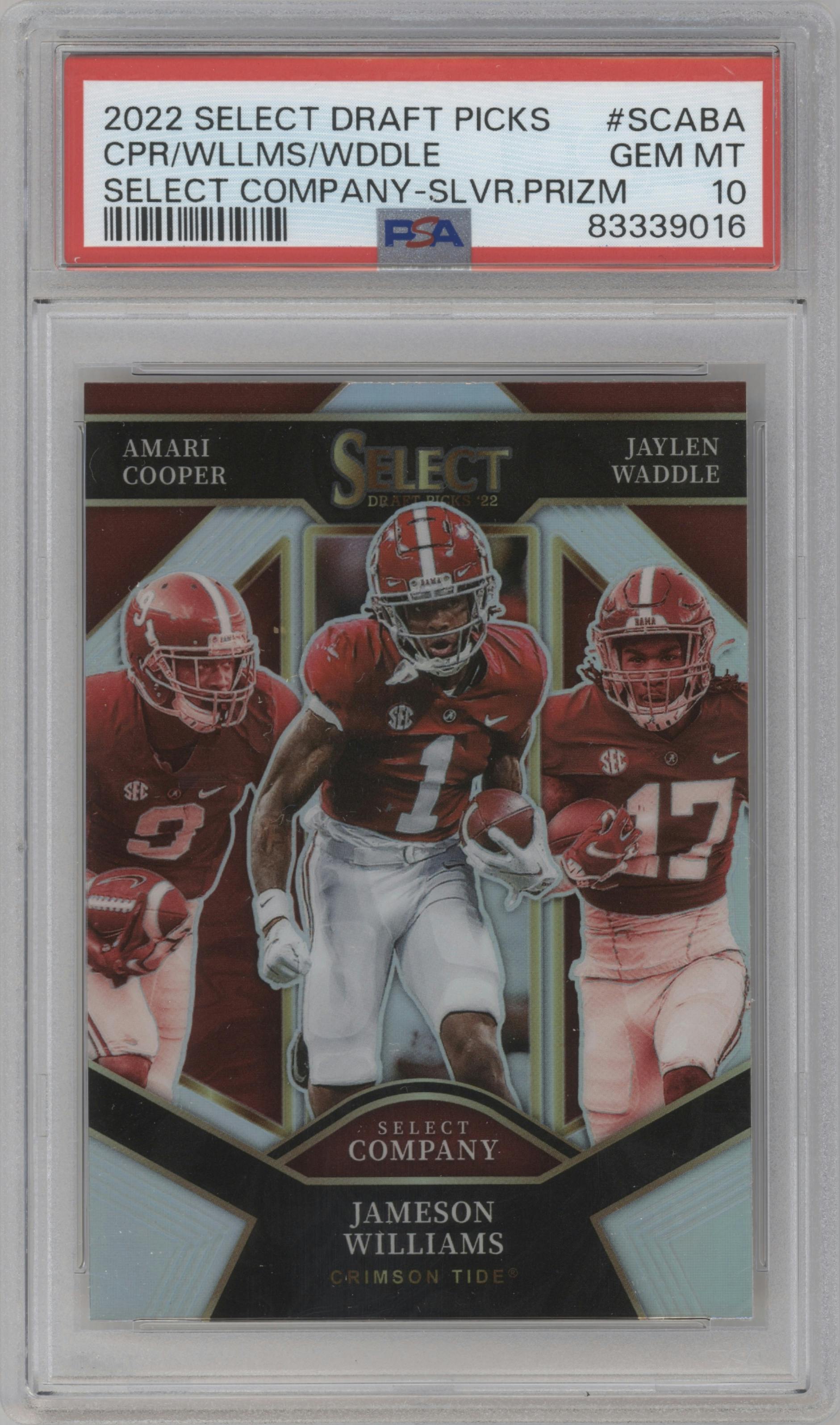 Amari Cooper/Jameson Williams/Jaylen Waddle from the 2022 Panini Select Draft Picks set featuring a Silver Prizm parallel graded by PSA and given an overall grade of 10.