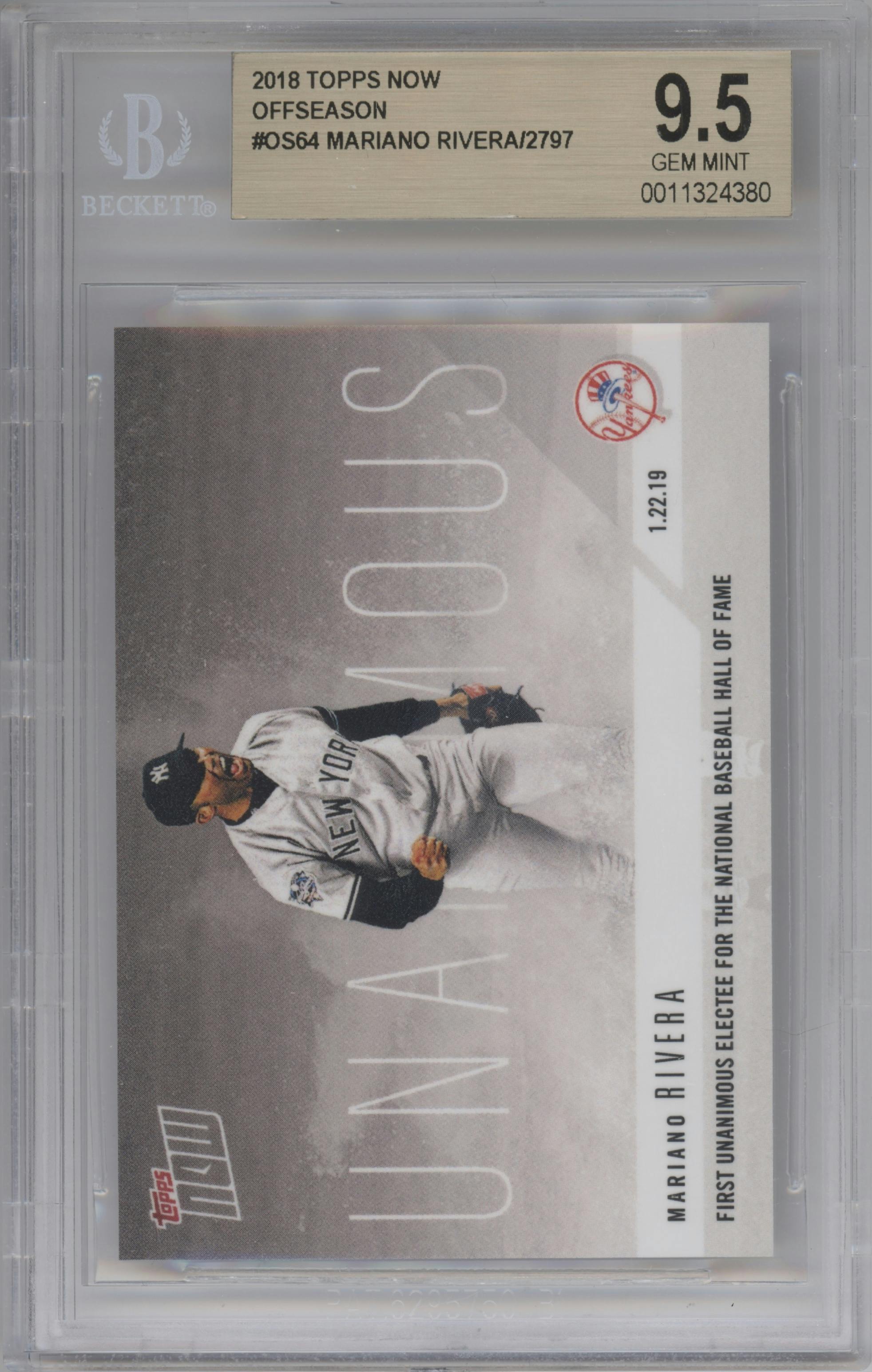 Mariano Rivera from the 2018-19 Topps Now Offseason set graded by Beckett and given an overall grade of 9.5.