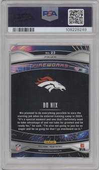 Bo Nix from the 2024 Panini Prizm set featuring a Green Ice parallel graded by PSA and given an overall grade of 10.