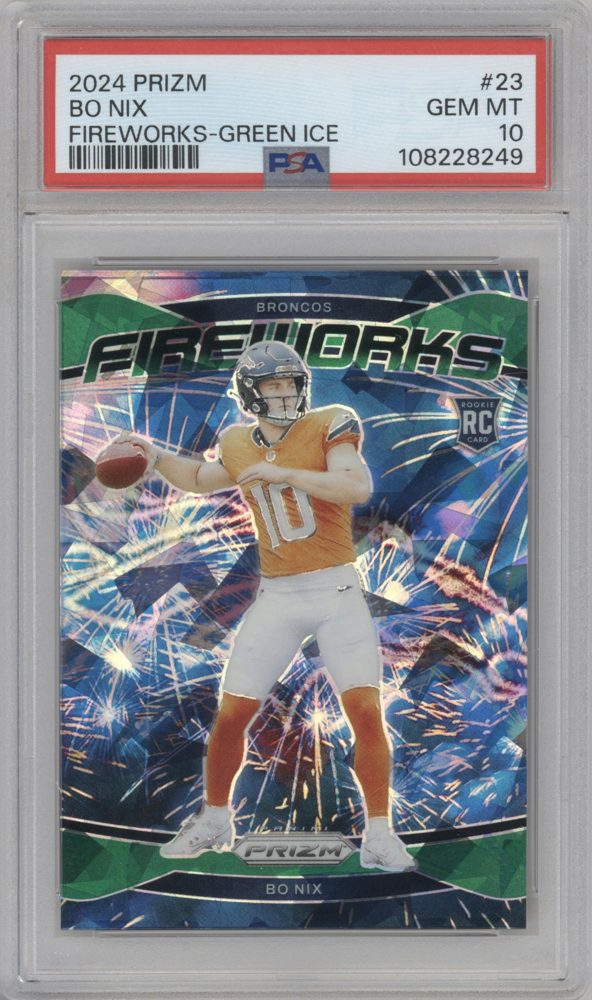 Bo Nix from the 2024 Panini Prizm set featuring a Green Ice parallel graded by PSA and given an overall grade of 10.