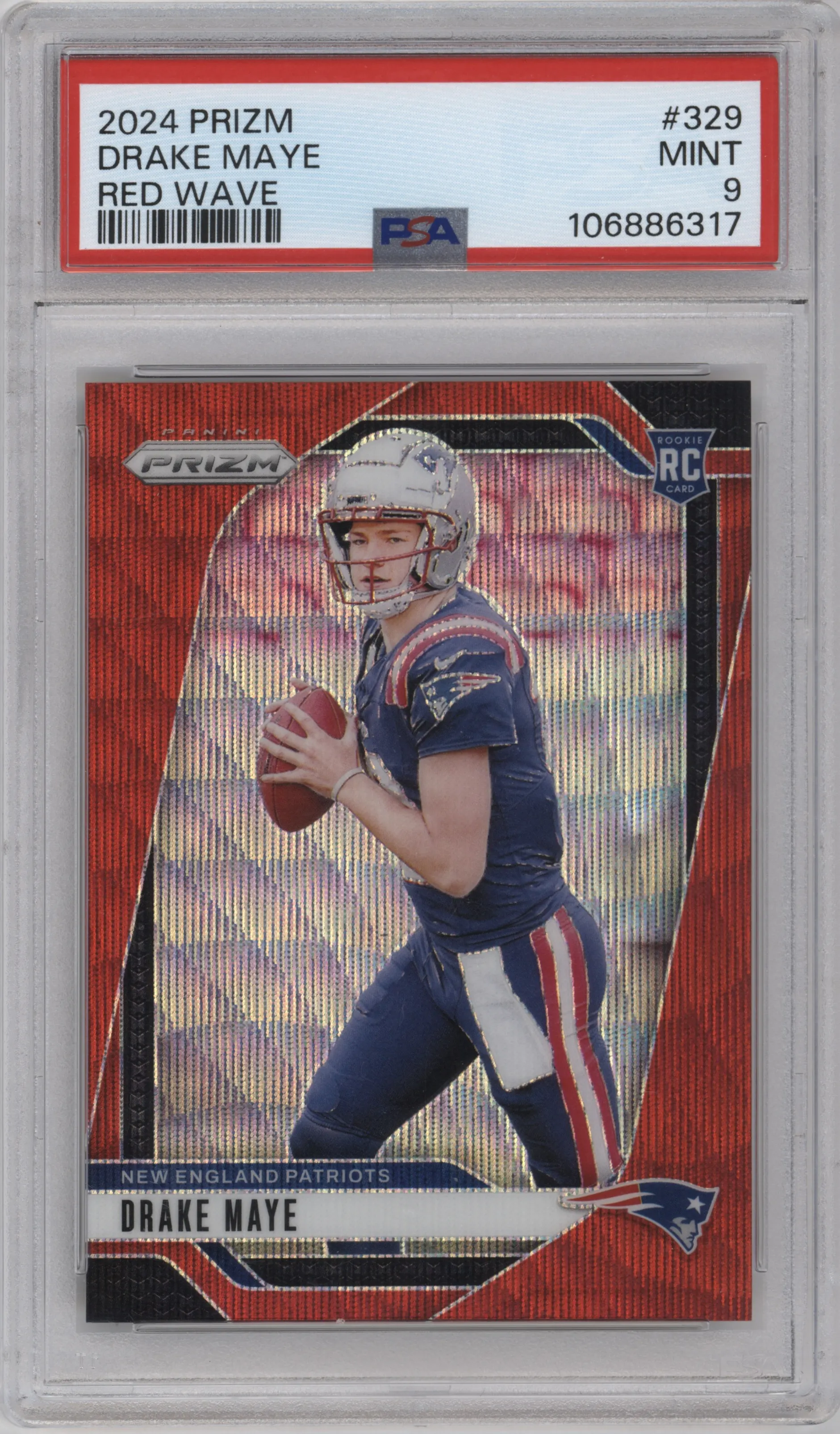 Drake Maye from the 2024 Panini Prizm set featuring a Red Wave parallel graded by PSA and given an overall grade of 9.