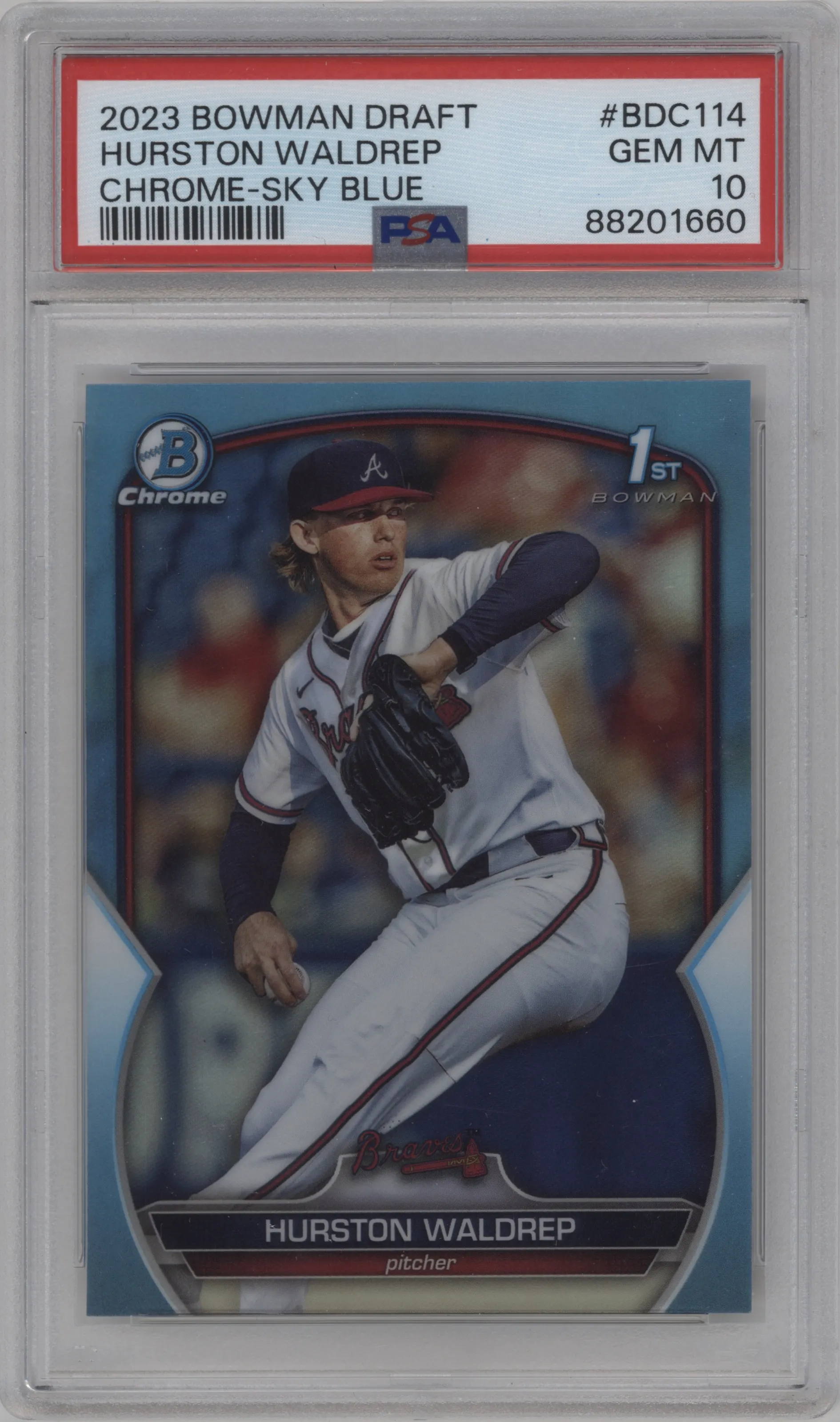 2023 Bowman Draft Chrome Hurston Waldrep Sky Blue Refractor PSA 10
