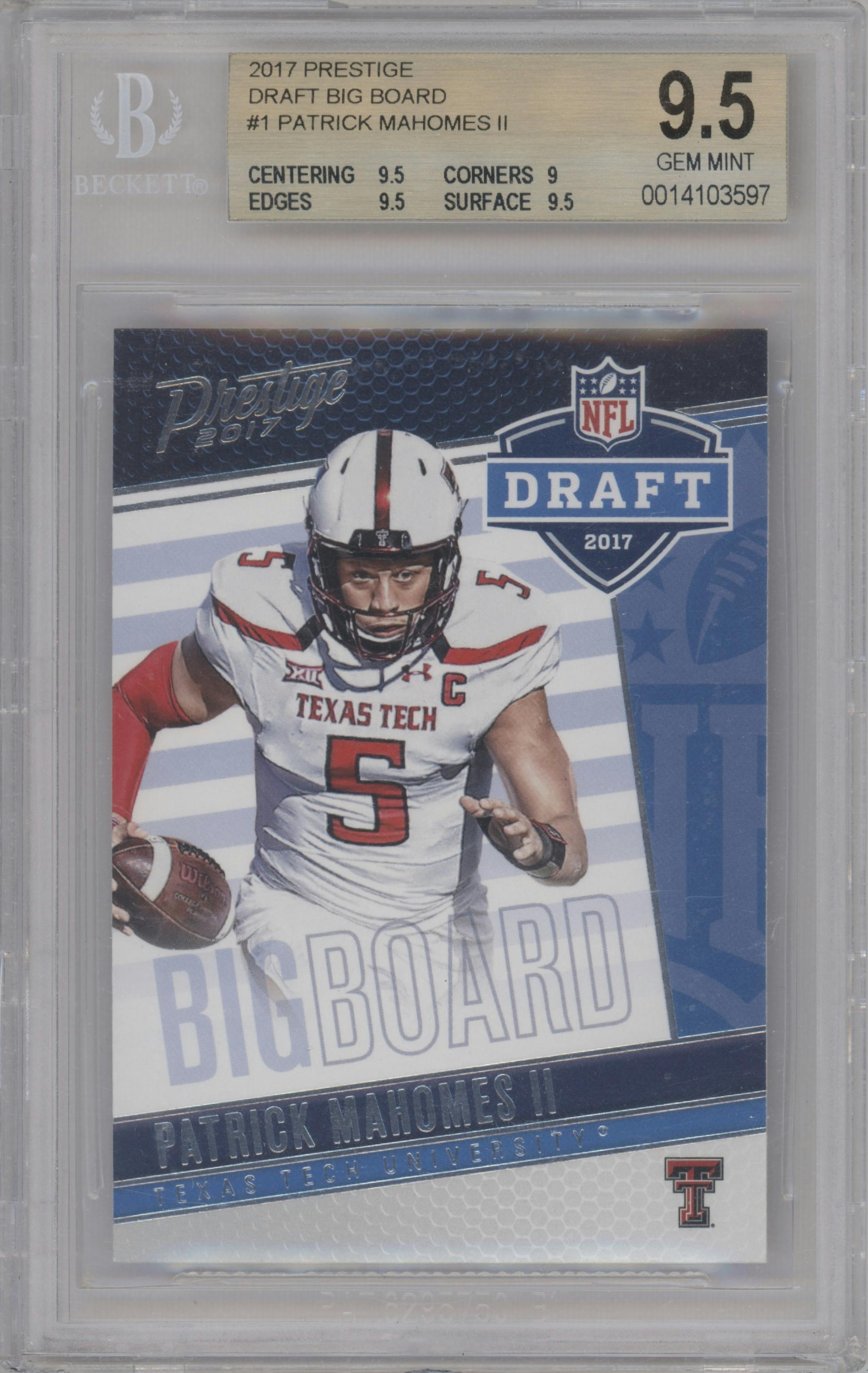Patrick Mahomes II from the 2017 Panini Prestige set graded by Beckett and given an overall grade of 9.5.