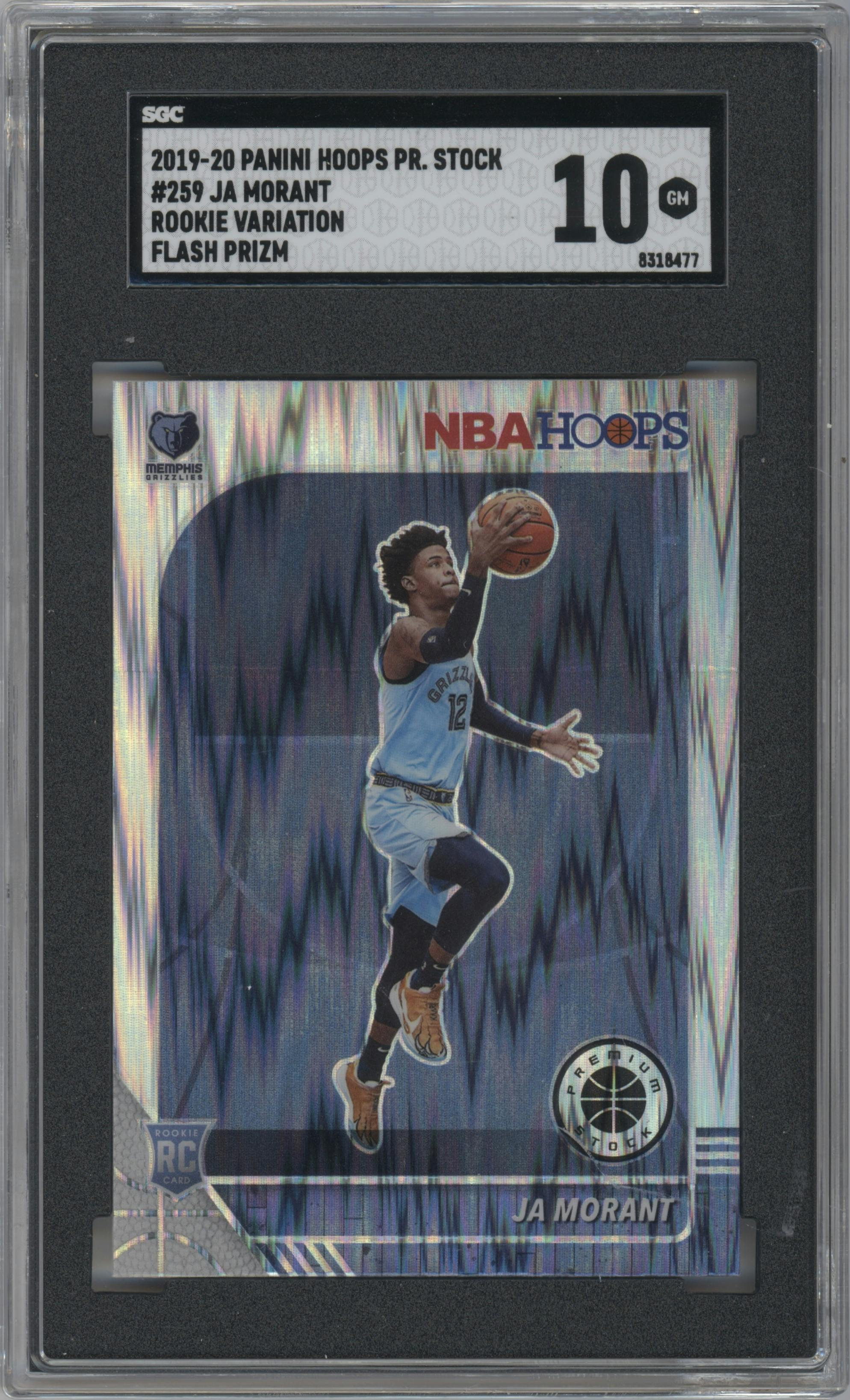 Ja Morant from the 2019-20 Panini Hoops Premium Stock set featuring a Flash parallel graded by SGC and given an overall grade of 10.
