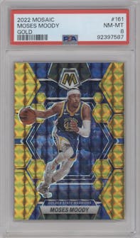 Moses Moody from the 2022-23 Panini Mosaic set featuring a Gold Mosaic parallel graded by PSA and given an overall grade of 8.