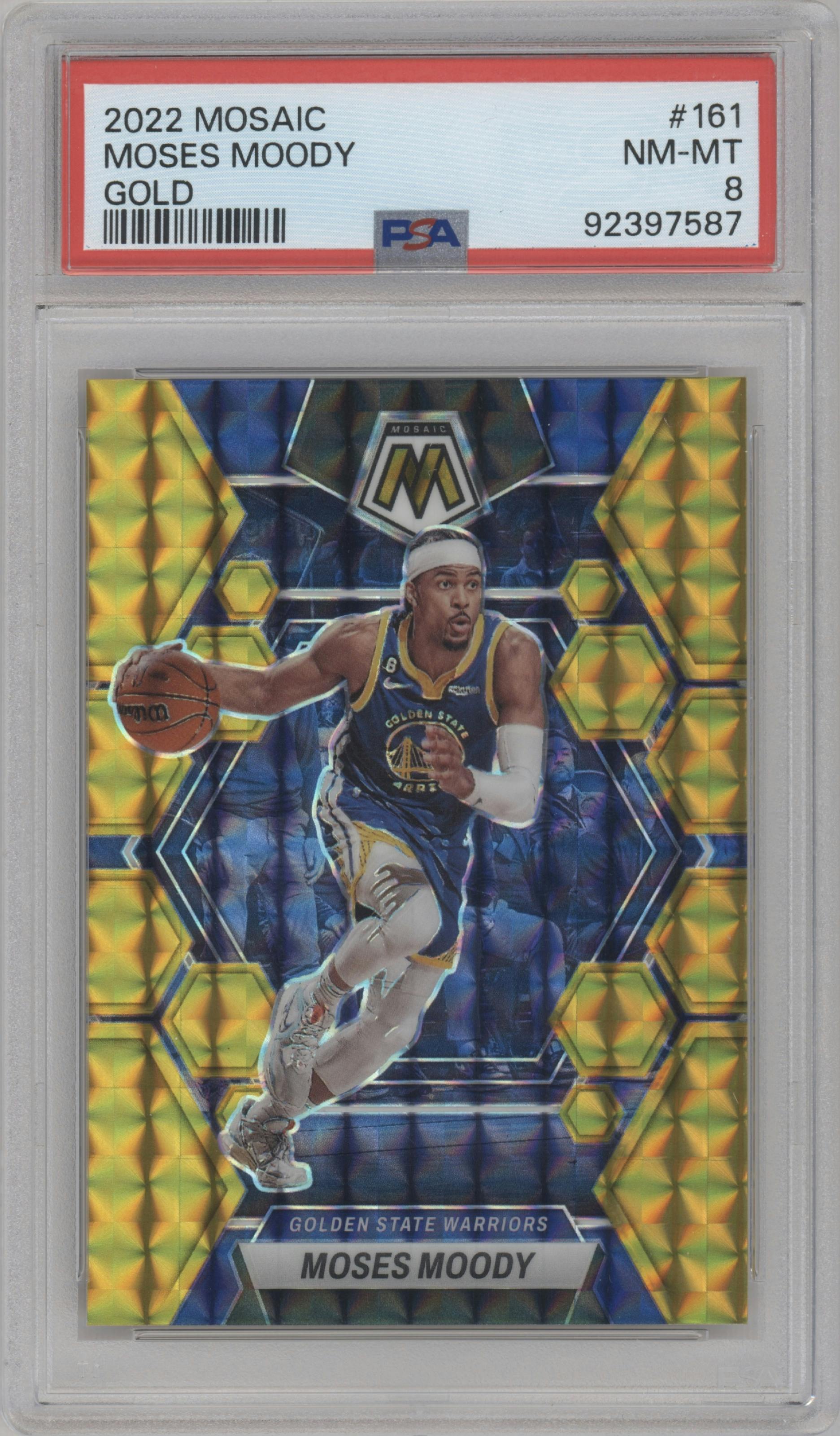 Moses Moody from the 2022-23 Panini Mosaic set featuring a Gold Mosaic parallel graded by PSA and given an overall grade of 8.