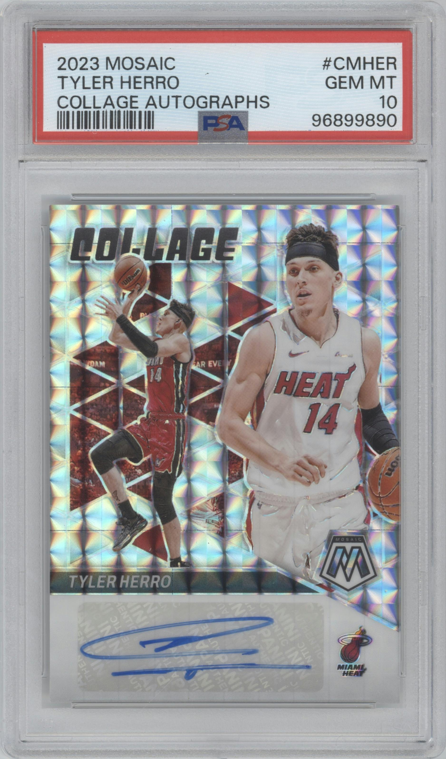Tyler Herro  from the 2023-24 Panini Mosaic set graded by PSA and given an overall grade of 10.