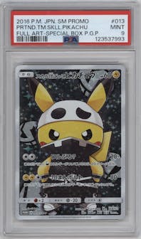 Pretend Team Skull Pikachu from the 2016 Pokemon S&M JPN  set featuring a Bad Guy Pikachu Box Sets at Pokemon Centers parallel graded by PSA and given an overall grade of 9.