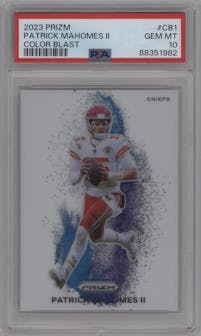 Patrick Mahomes II from the 2023 Panini Prizm set graded by PSA and given an overall grade of 10.