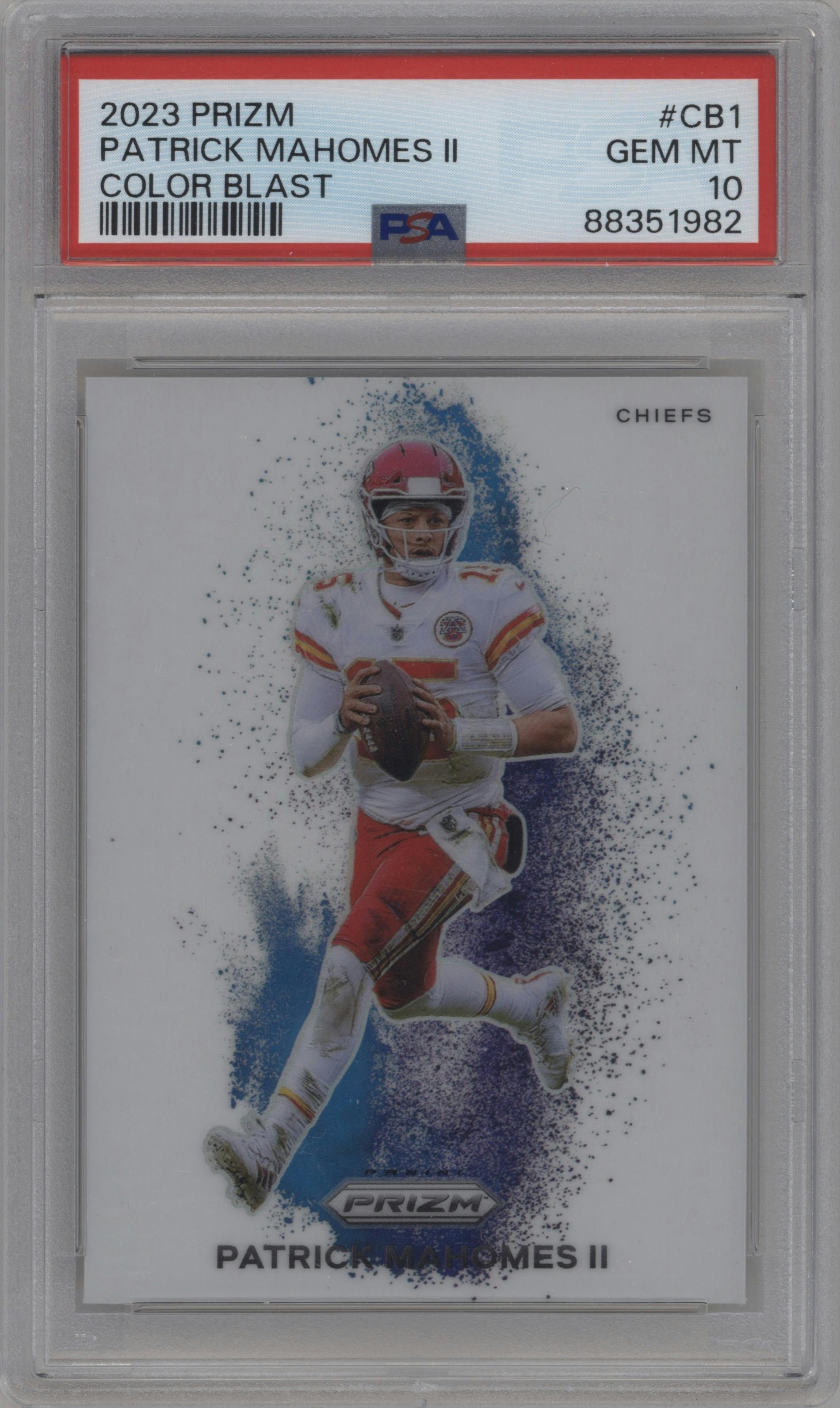 Patrick Mahomes II from the 2023 Panini Prizm set graded by PSA and given an overall grade of 10.