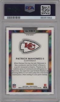 Patrick Mahomes II from the 2023 Panini Prizm set graded by PSA and given an overall grade of 10.