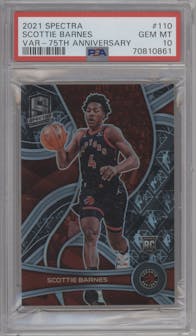 Scottie Barnes from the 2021-22 Panini Spectra set featuring a 75th Anniversary parallel graded by PSA and given an overall grade of 10.