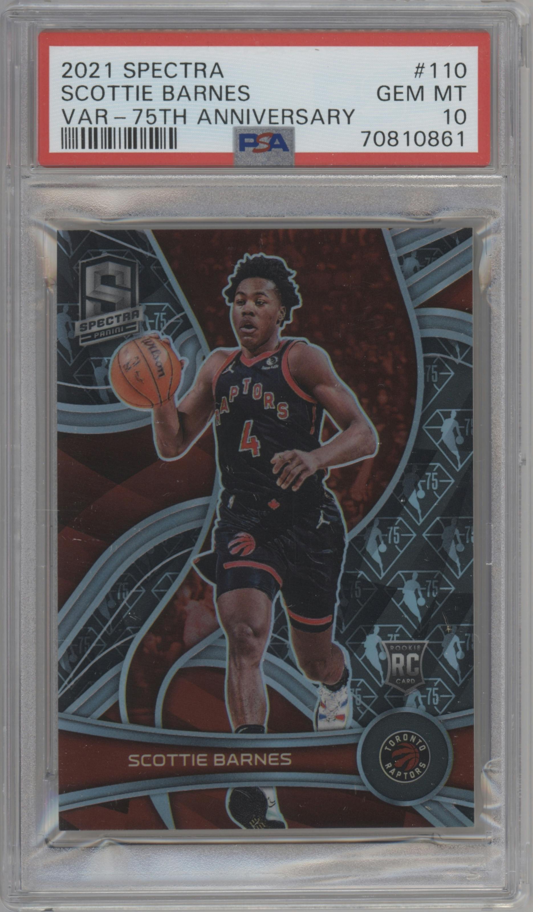 Scottie Barnes from the 2021-22 Panini Spectra set featuring a 75th Anniversary parallel graded by PSA and given an overall grade of 10.