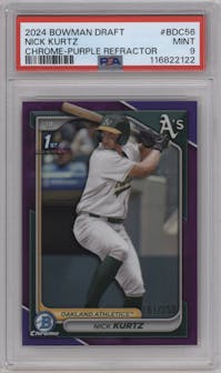 Nick Kurtz from the 2024 Bowman Draft set featuring a Purple Refractor parallel graded by PSA and given an overall grade of 9.