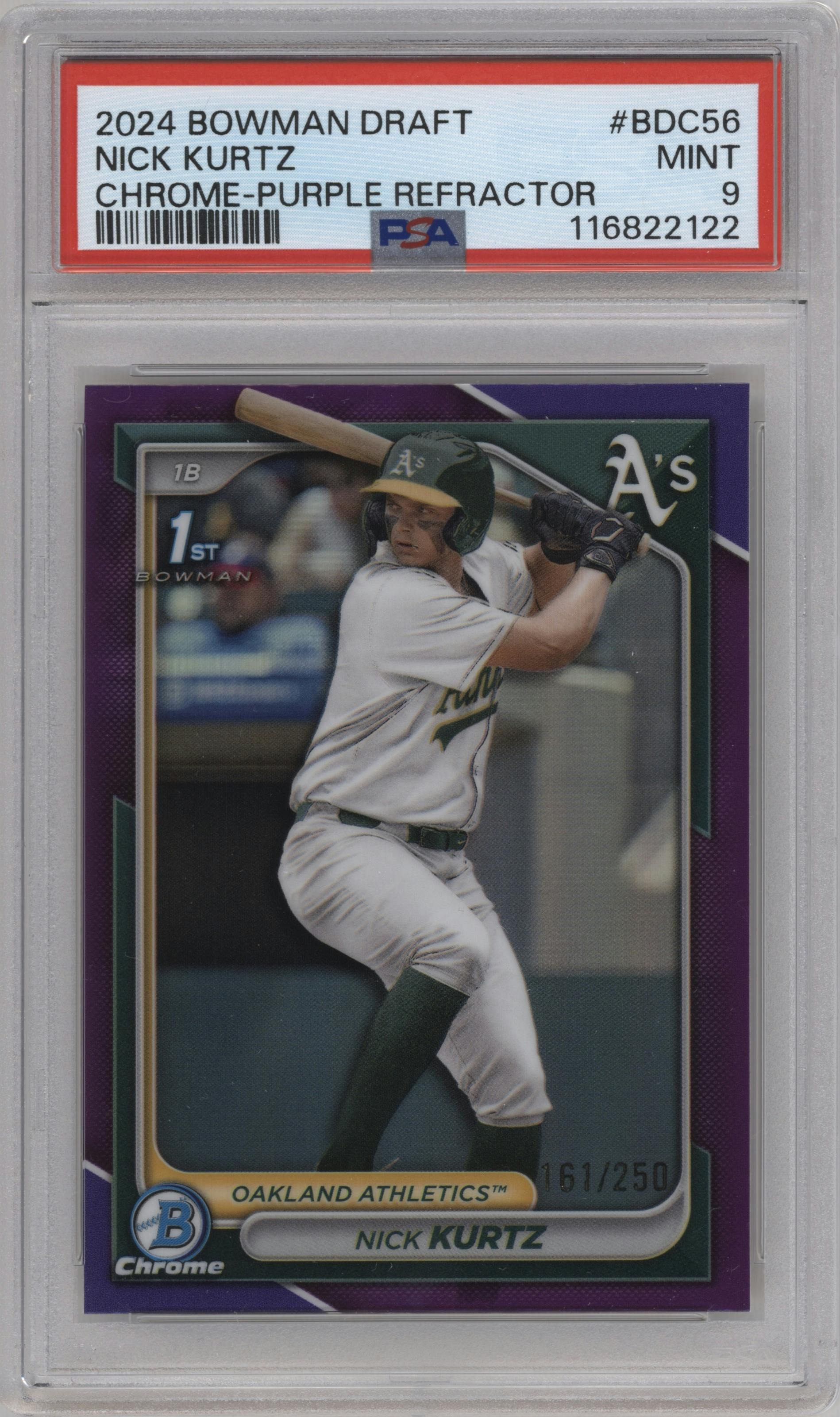 Nick Kurtz from the 2024 Bowman Draft set featuring a Purple Refractor parallel graded by PSA and given an overall grade of 9.